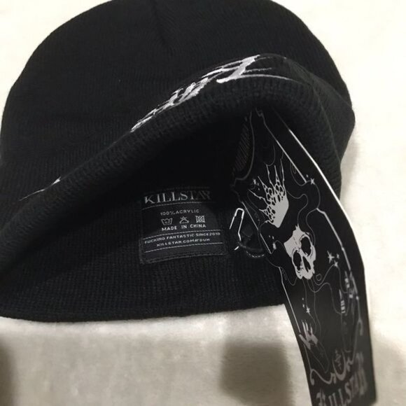 Killstar “Dusk” Unisex Beanie – Black Acrylic Knit Hat w/ White Embroidered Logo - Picture 6 of 6